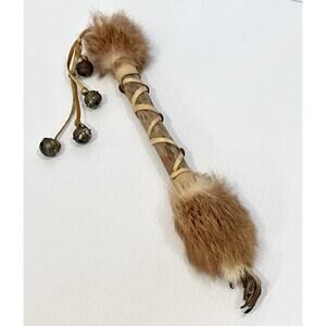 Native American Talking Stick Fur, Rawhide, Claw Talons & Bells - Ceremonial